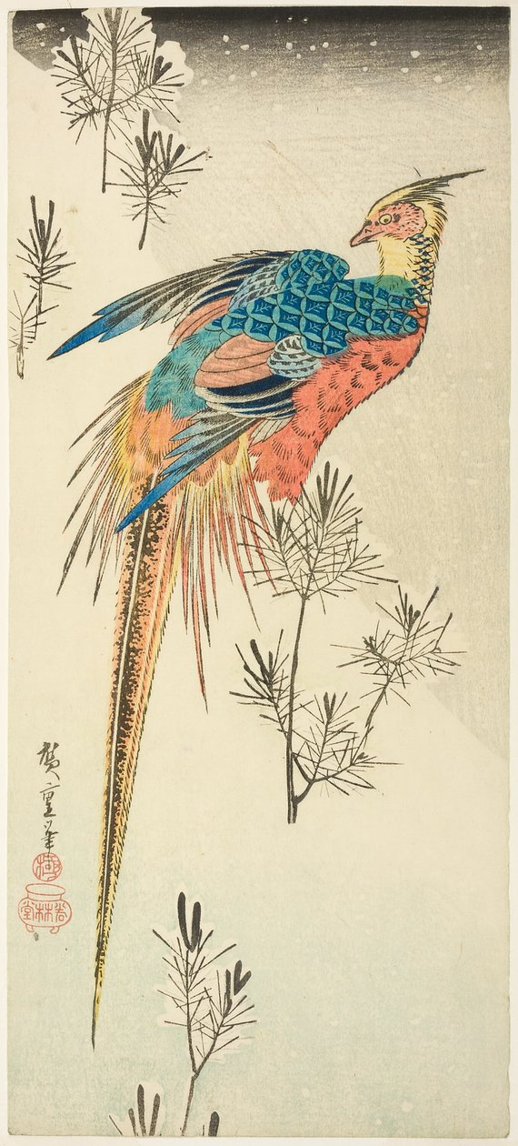 A Golden Pheasant Perched on a Steep Snowy Hillside amid Small Pine Saplings by Utagawa Hiroshige