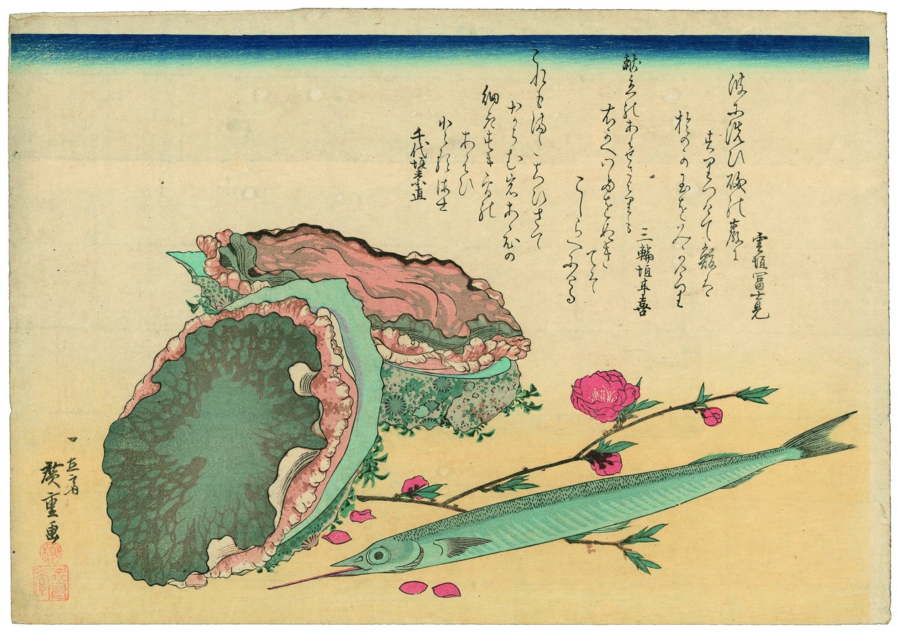 Abalone, Halfbeak, and Peach Blossoms by Utagawa Hiroshige