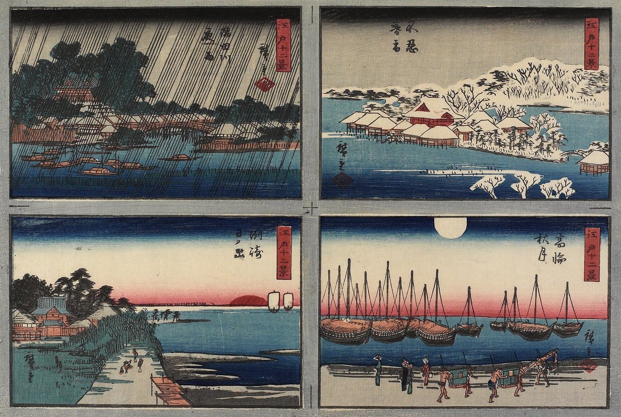 Evening Snow at Shinobazu, Autumn Moon at Takanawa, Sun Rise at Susaki, Night Rain at Sumida River, 1843-1847 by Utagawa Hiroshige
