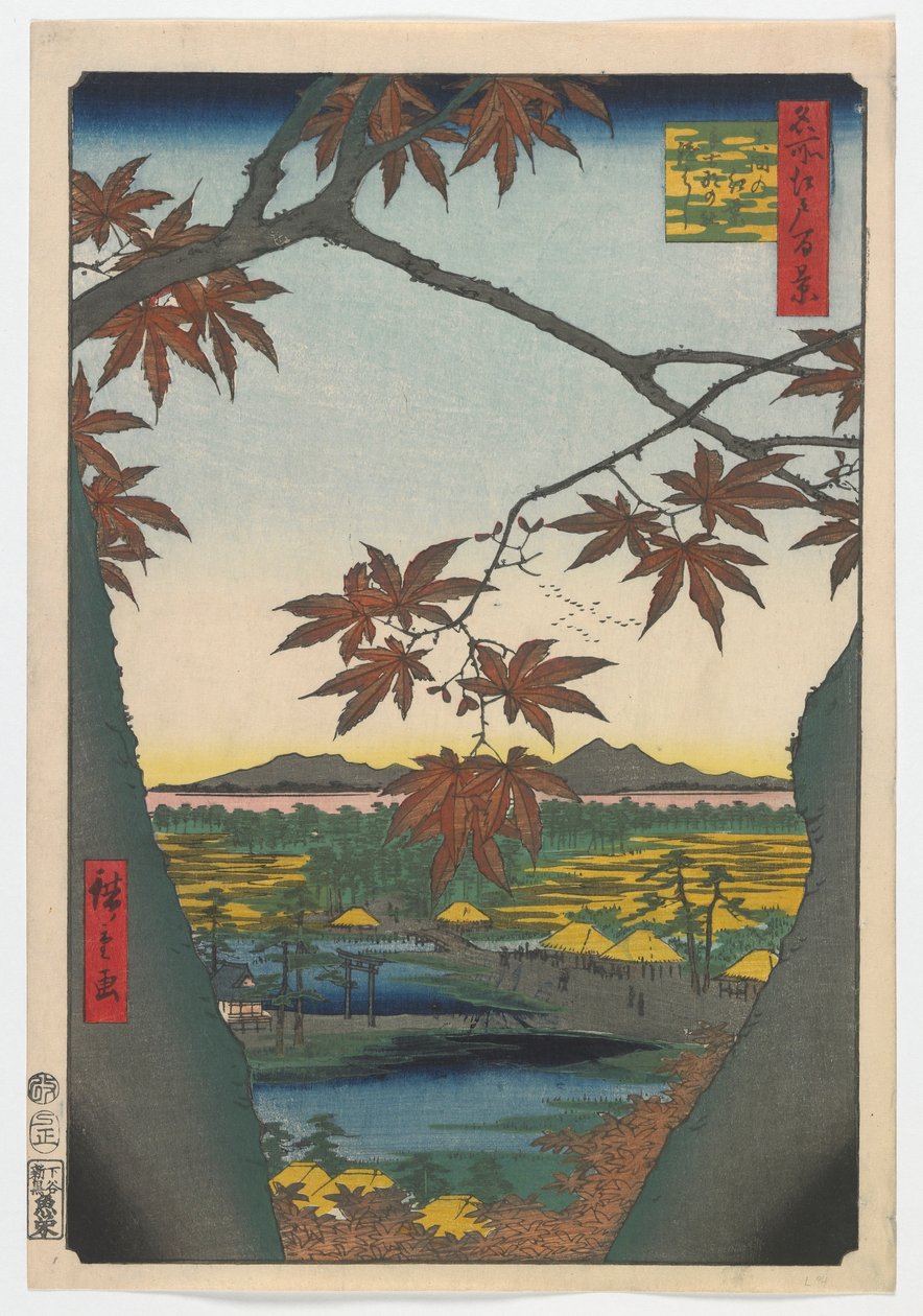 Maple Trees at Mama, Tekona Shrine and Linked Bridge, Edo Period by Utagawa Hiroshige