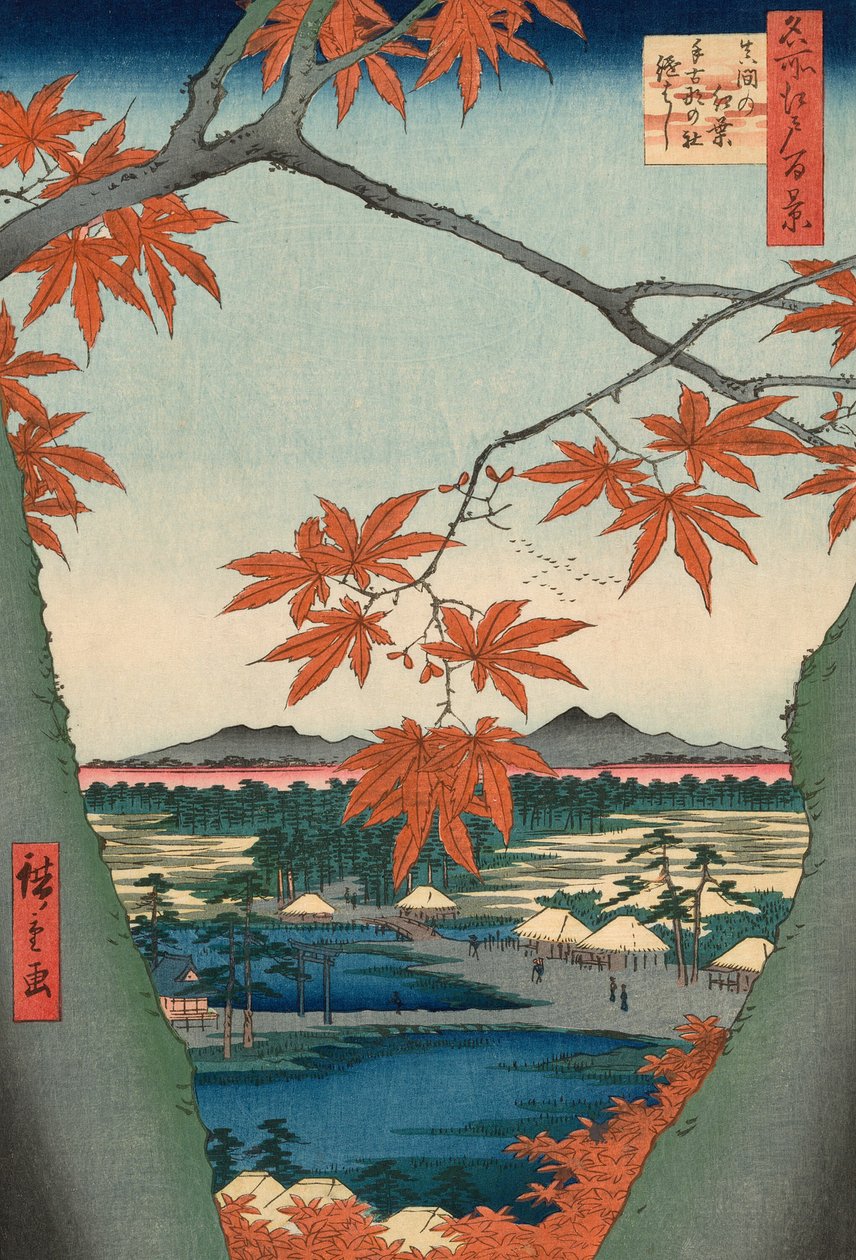 Maple Trees at Mama, Tekona Shrine and Tsugi Bridge (from the series One Hundred Famous Views of Edo) by Utagawa Hiroshige