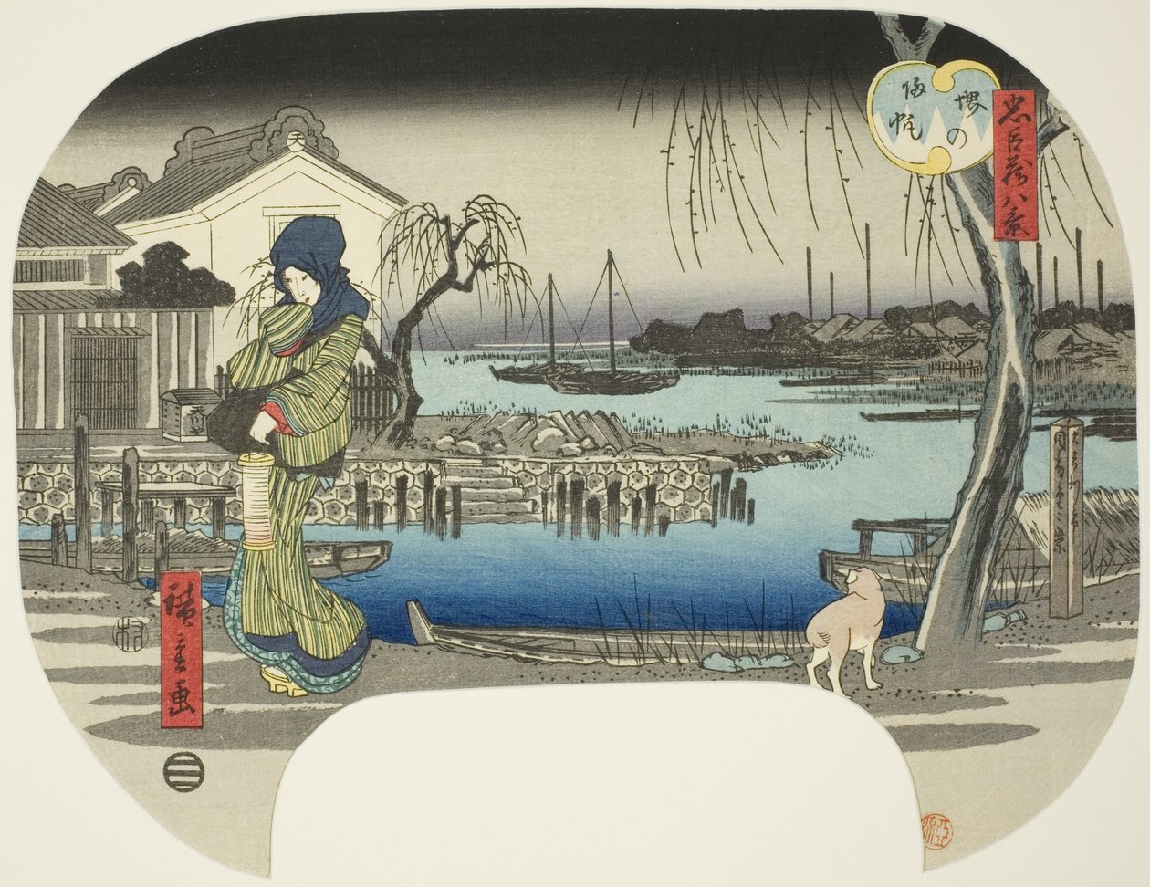 Rückkehrende Segel in Sakai (Sakai no kihan), aus der Serie „Acht Ansichten aus dem Schatz der loyalen Gefolgsleute (Chushingura hakkei)“ von Utagawa Hiroshige