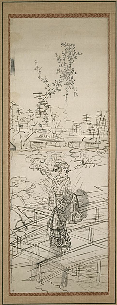 Sketch of Woman Crossing Bridge by Utagawa Hiroshige