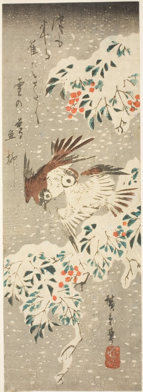 Sparrows Flitting about Snow-covered Nandina as More Snow Falls by Utagawa Hiroshige