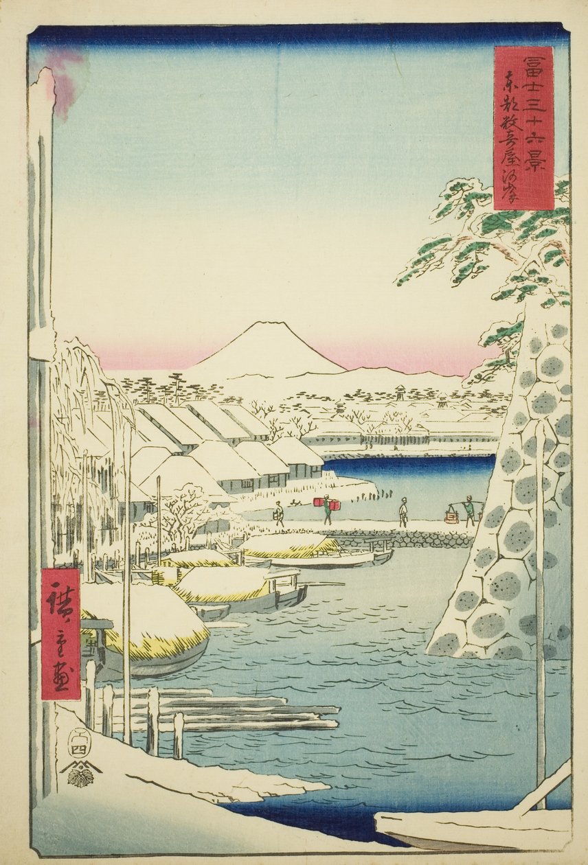 The Riverbank at Sukiya in the Eastern Capital (Toto Sukiyagashi), from the series "Thirty-six Views of Mount Fuji (Fuji sanjurokkei)" by Utagawa Hiroshige