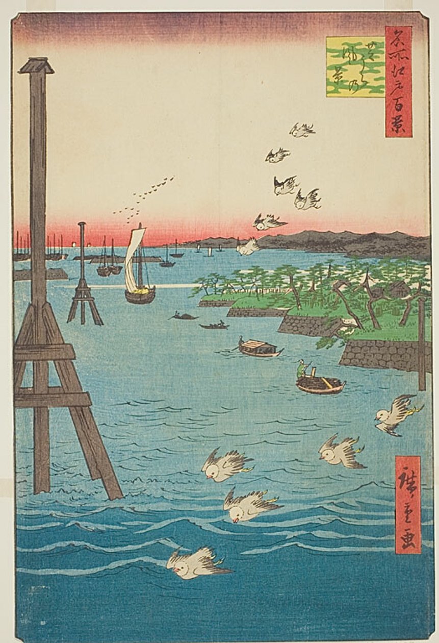 View of Shiba Coast, with shades of light blue water, No.108 from the series One Hundred Famous Views of Edo by Utagawa Hiroshige
