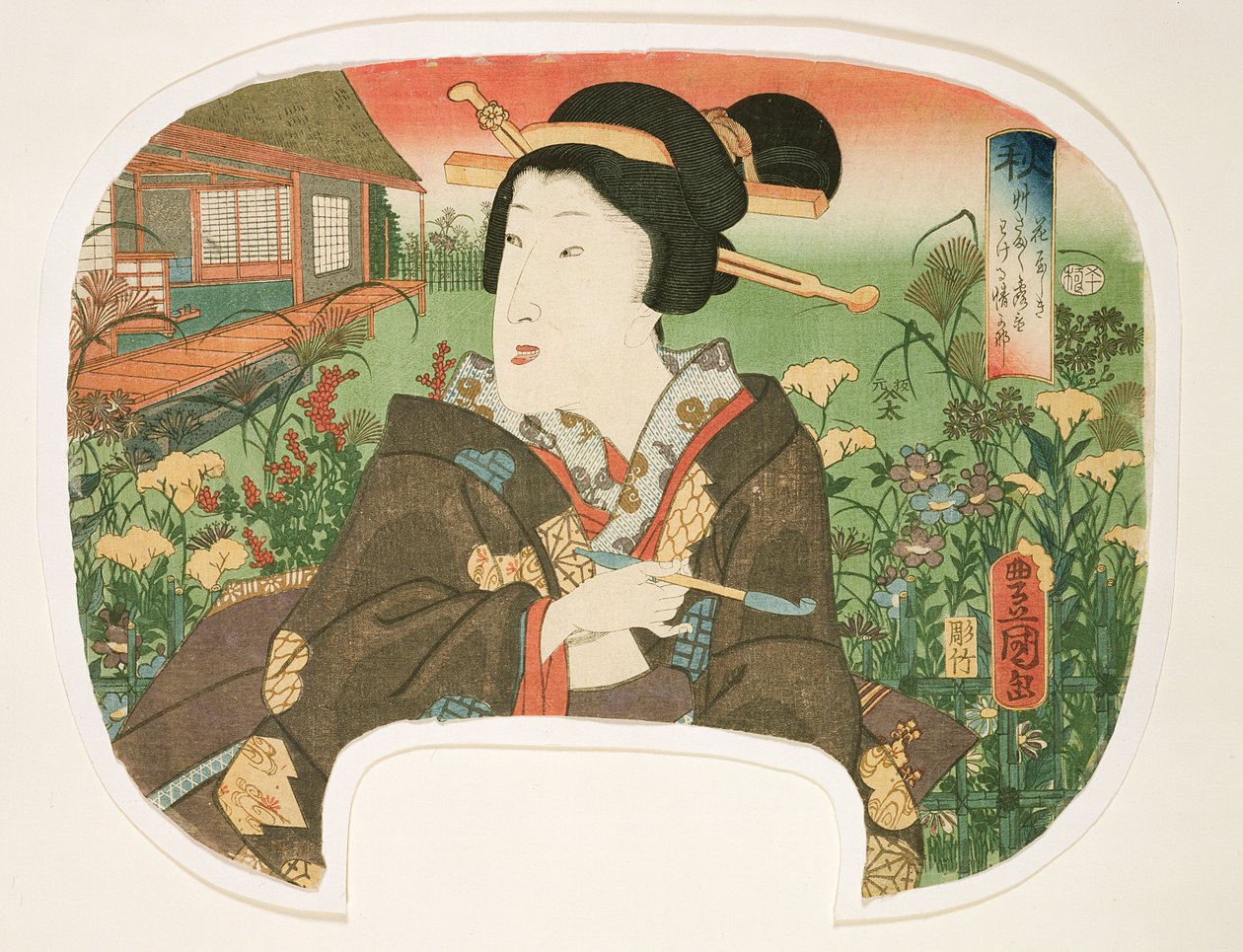 Autumn, Hanayashiki: A geisha with a pipe, design for a fan from a set of four illustrating the seasons by Utagawa Kunisada