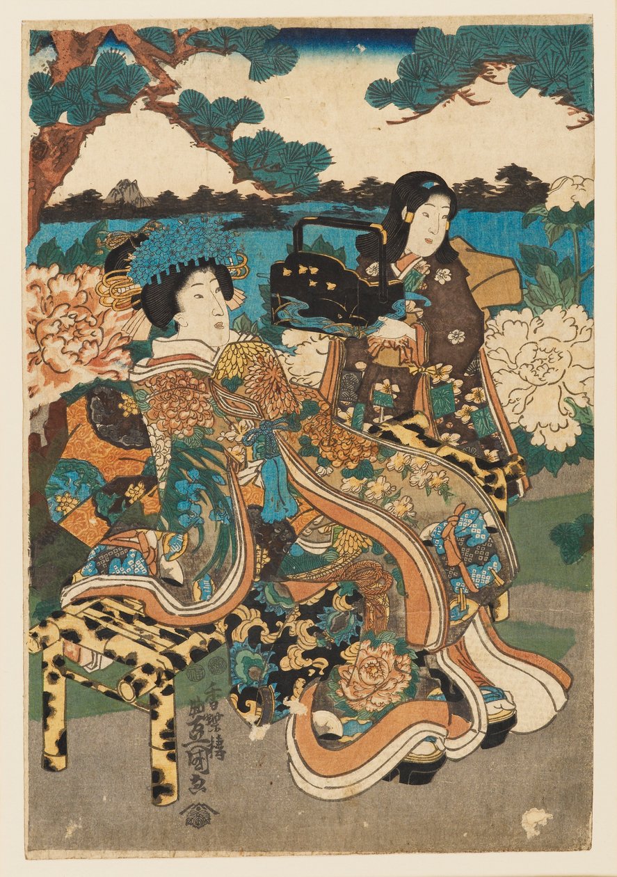 Woodblock Print - Courtesan and Maid by Utagawa Kunisada