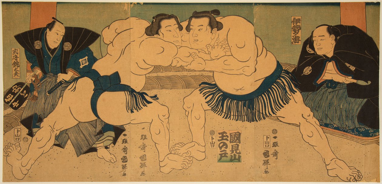 Sumo Wrestlers Tagasugo vs Ayusegawa by Utagawa Kuniteru