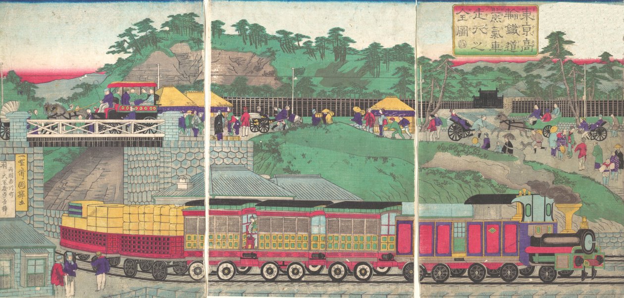 Illustration of a Steam Locomotive Running on the Takanawa Railroad in Tokyo by Utagawa Kuniteru