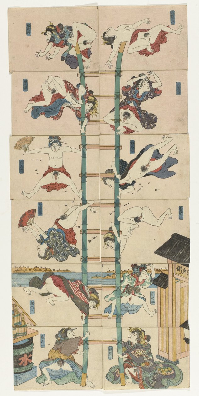Series of Twelve Koban Shunga with Prostitutes in the Role of Acrobatic Firefighters by Utagawa Kuniyoshi