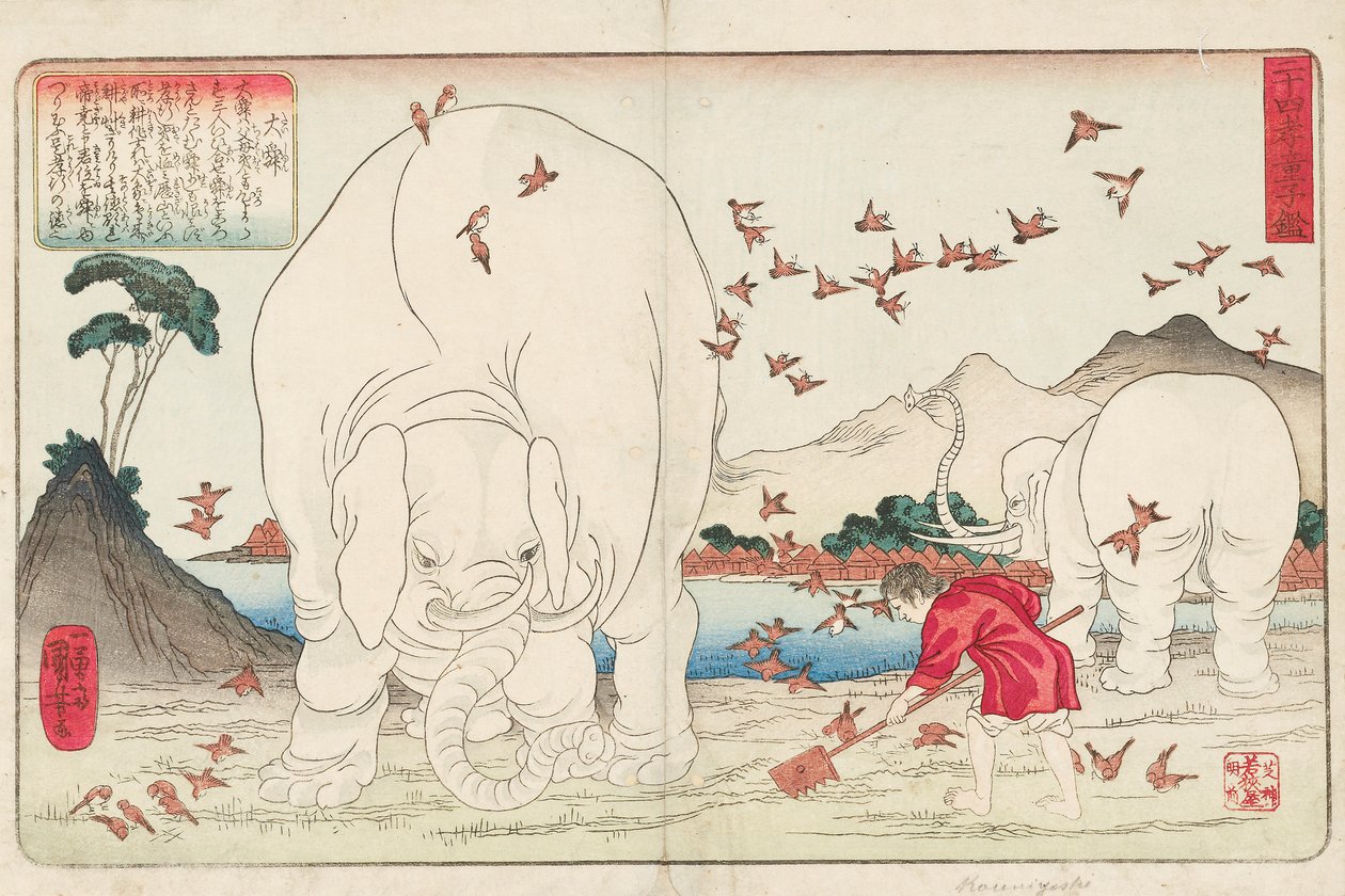Taishun hoeing a field with the help of elephants and a flock of sparrows, signed Ichiyusai Kuniyoshi ga, c.1843 by Utagawa Kuniyoshi