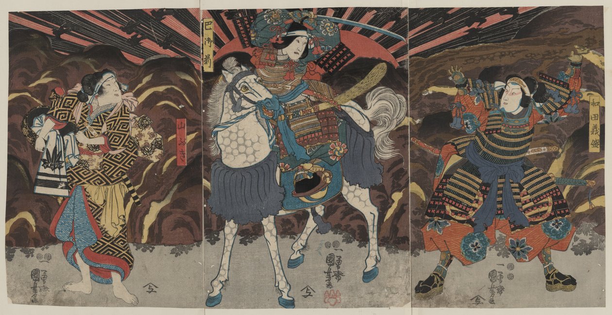 Three Actors in the Roles of Samurai Wadai Yoshimori, Tomoe Gozen, and Yamabuki by Utagawa Kuniyoshi