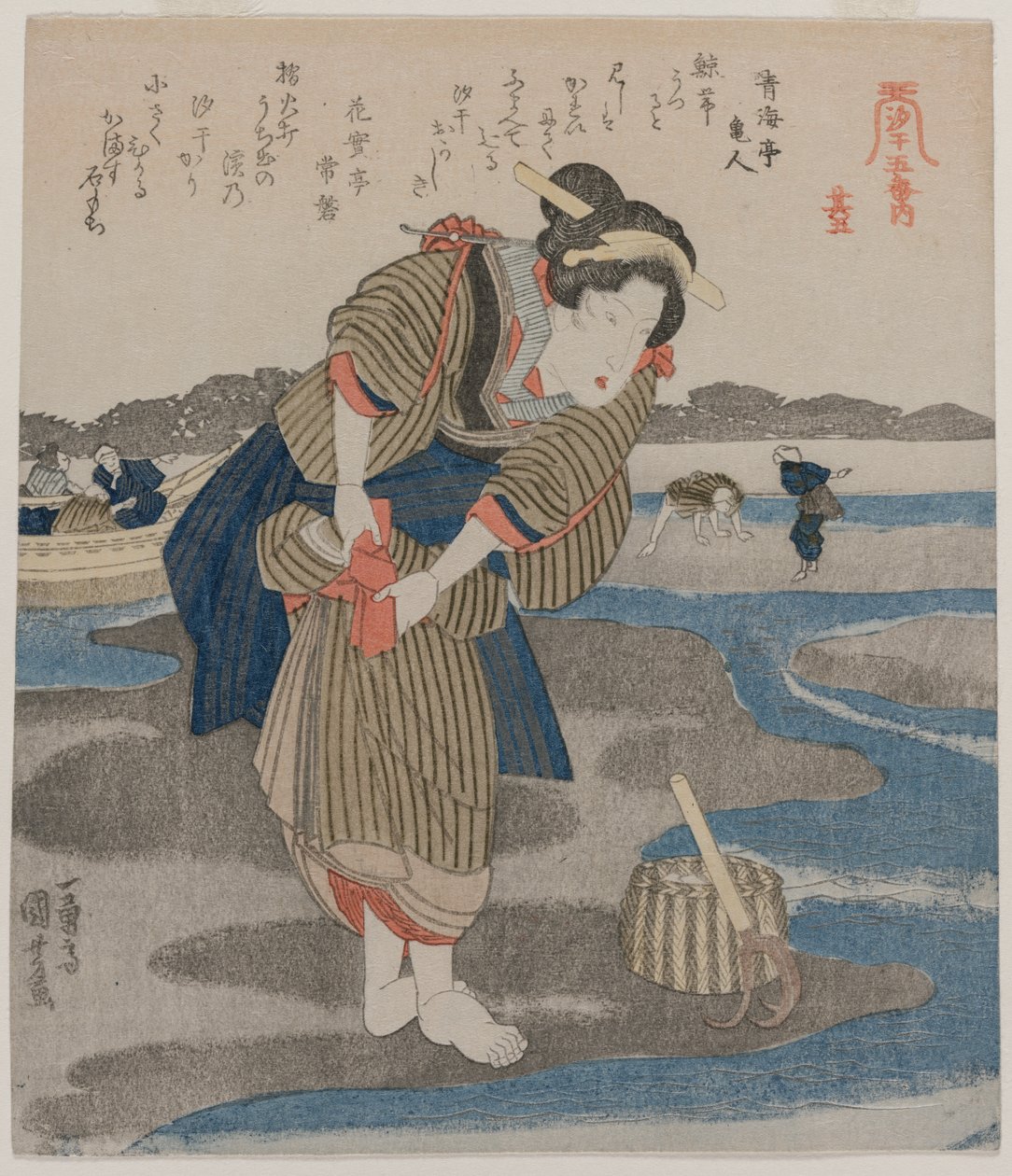 Woman Fastening her Skirts from the series Five Pictures of Low Tide by Utagawa Kuniyoshi