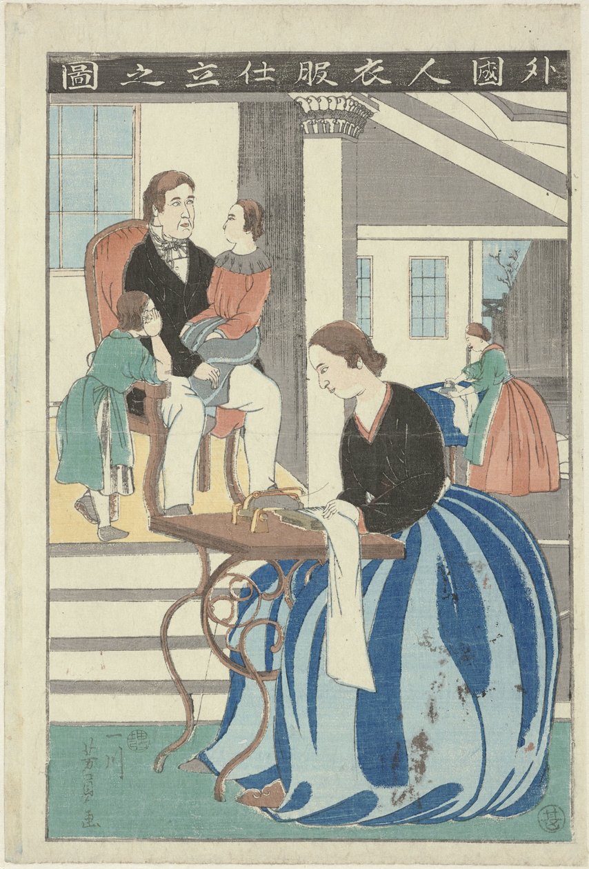 Western Woman Behind a Sewing Machine by Utagawa Yoshikazu