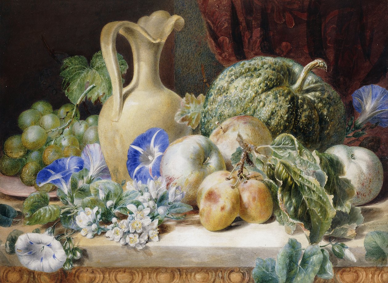 A Still Life with a Jug, Apples, Plums, Grapes and Flowers by Valentine Bartholomew