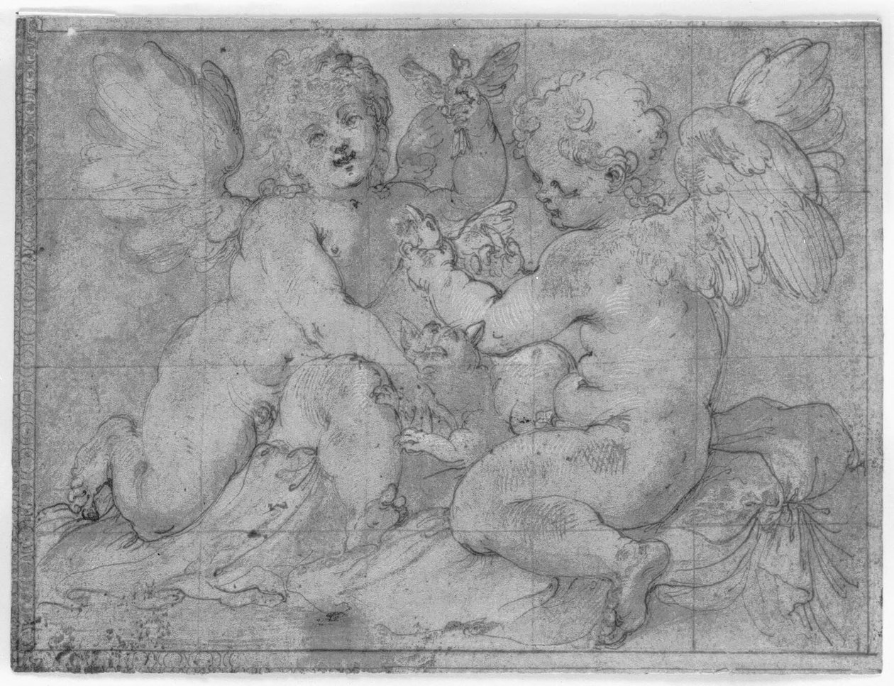 Two Putti Playing with a Cat and Two Birds by Valerio Castello