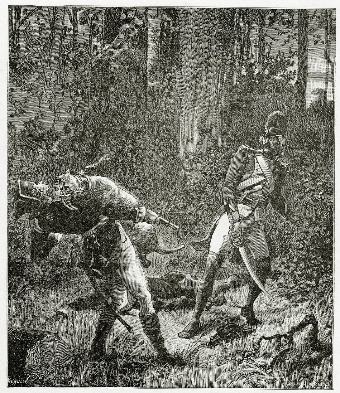 Rask the dog killing an English soldier - illustration from Bug-Jargal, 19th Century by Valnay Pere et fils