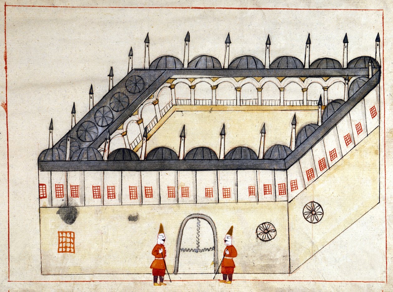 View from the outside of a caravan in Andrinople (now Edirne) in Turkey under the Ottoman Empire. Miniature from “” Turkish Memorials”” (codex Cicogna 1971 “Memorie Turchesche”) Watercolour from the 17th century Venetian school. by Venetian School