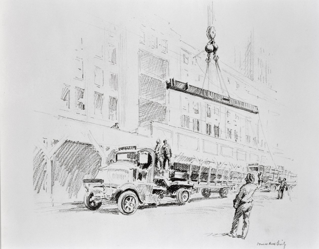 Steel beam being winched up from the truck, to be used in the construction of the Empire State Building by Vernon Howe Bailey