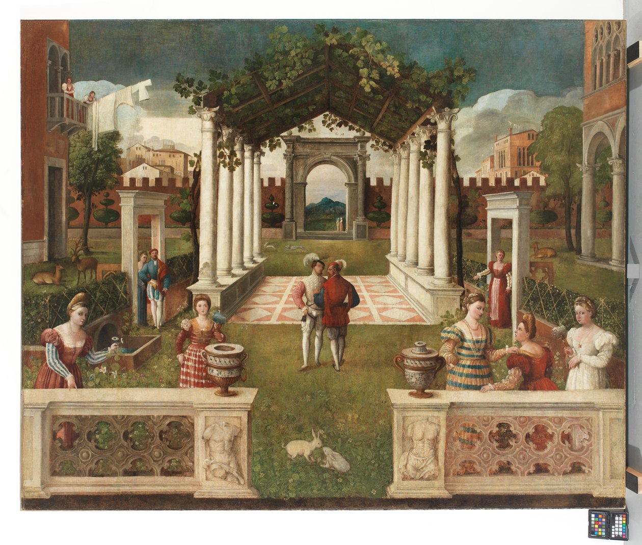 A Classical Architectural Garden with Elegant Figures, a Mountainous Landscape Beyond by Veronese School