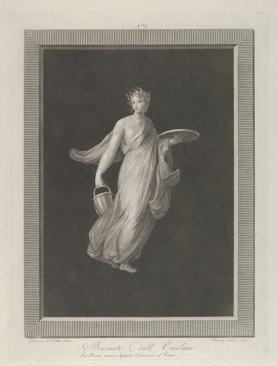 A partly naked bacchante holding a disk in her raised left hand and a bucket by Vicenzo Feoli