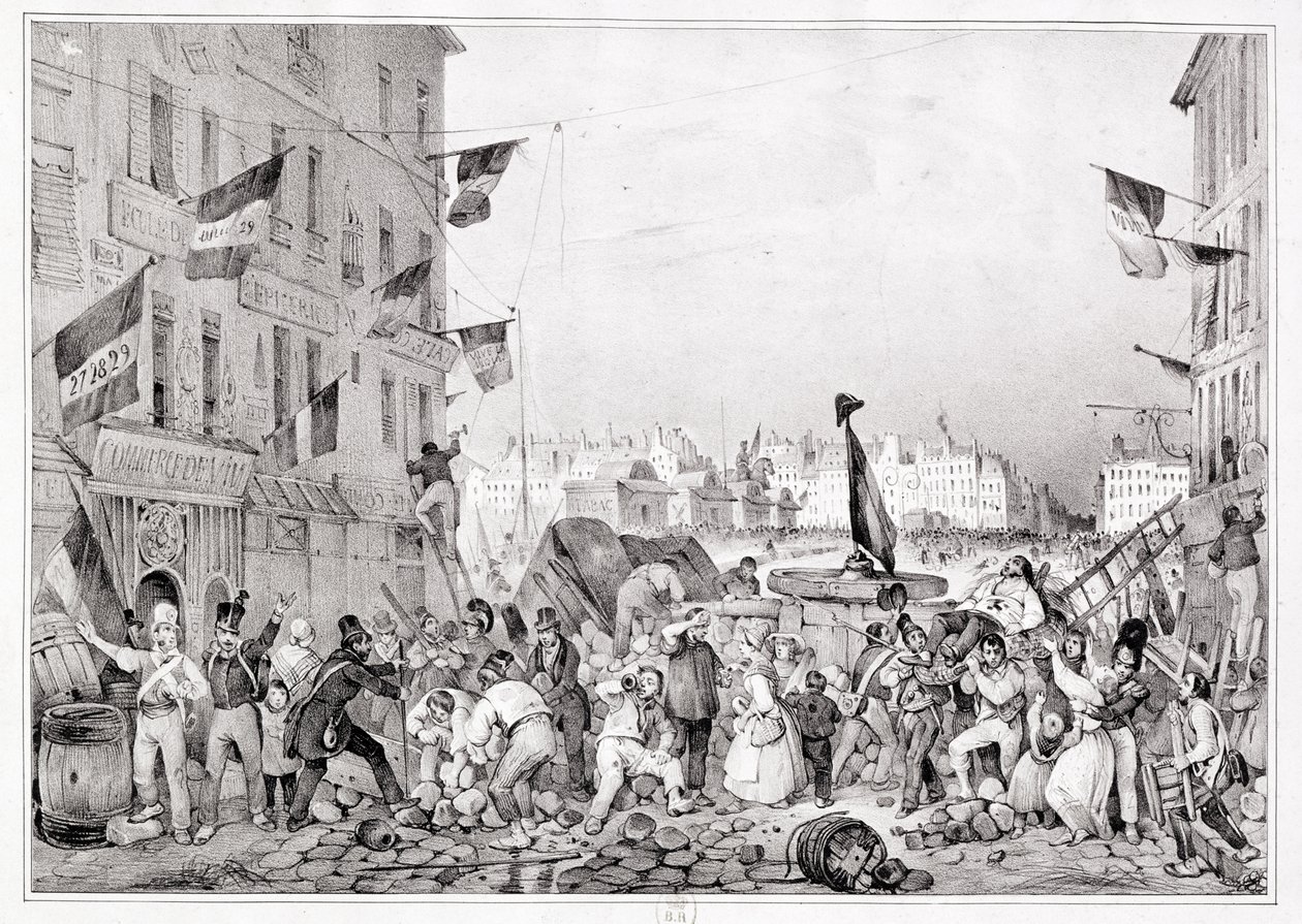 Barricade at the Rue Dauphine, 29th July 1830, engraved by H. Delaporte by Victor Adam