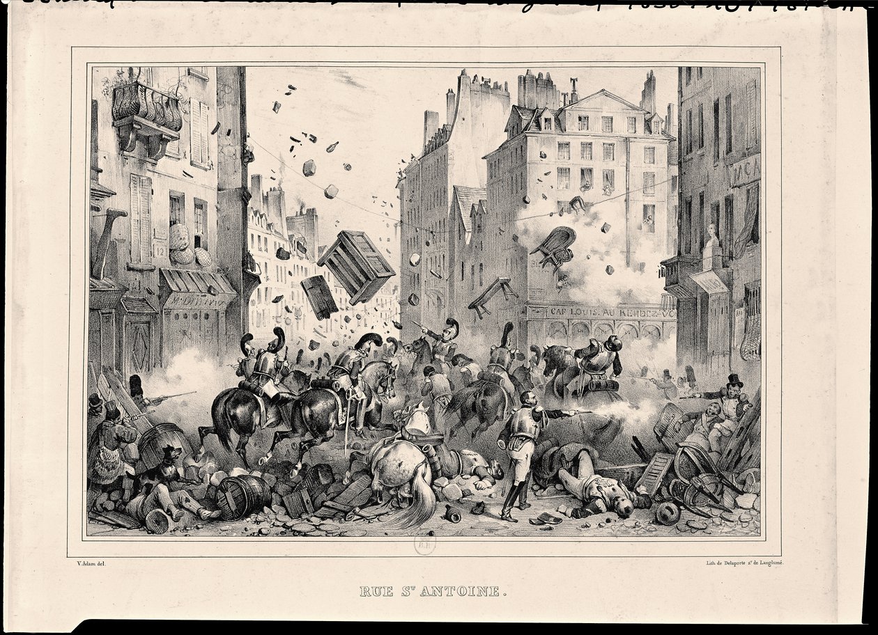 Rue Saint-Antoine in July 1830, engraved by H. Delaporte by Victor Adam