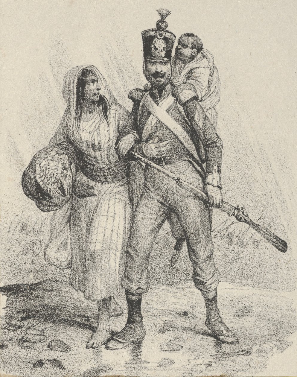 Soldier with a Woman on His Arm and a Child on His Back by Victor Adam