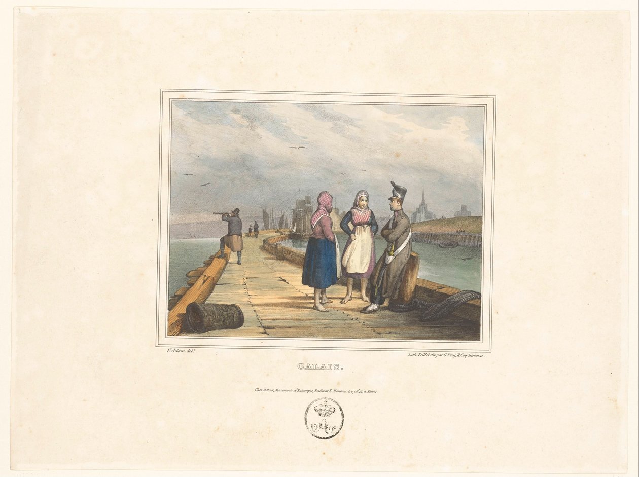 Two Girls and a Soldier on the Pier at Calais (Costumes of the Inhabitants of Port Towns) by Victor Adam