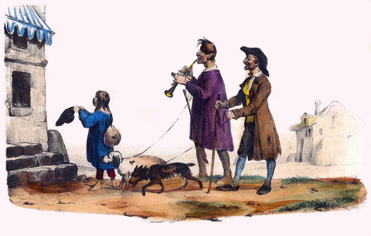 Two blind led by dogs and a beggar child. In “Album Grotesque, Choices of Outstanding Types”, illustrations by Victor Adam, Paris, circa 1850. by Victor Adam