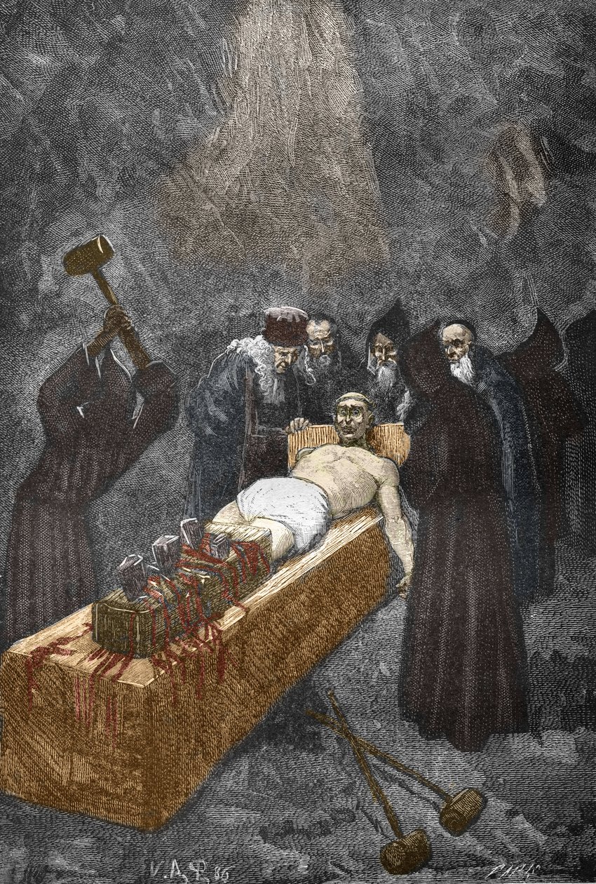 Case of the Possessed of Loudun around 1630: witch hunt, the French priest Urbain Grandier who allegedly made a pact with the devil and accused of bewitching nuns, is tortured by Victor Armand Poirson