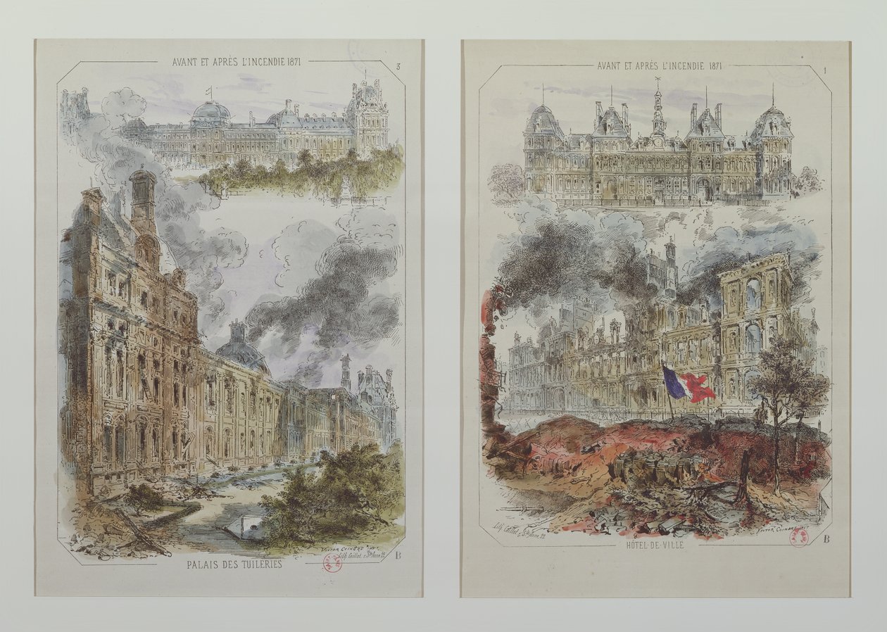 Views of the Tuileries Palace and the Hotel de Ville before and after the fires of 1871 by Victor Coindre