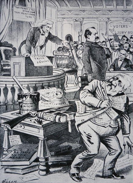 Grover Cleveland (1837-1908) telling the truth about his private life, while his opponent James Blaine (1830-93) is portrayed as corrupt by Victor Gillam