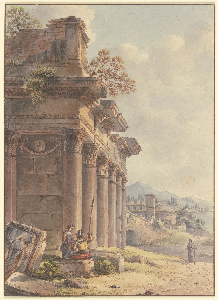 Architectural Capriccio: Ruins of a Temple Facade, Landscape with Buildings and Bay in the Background by Victor Jean Nicolle