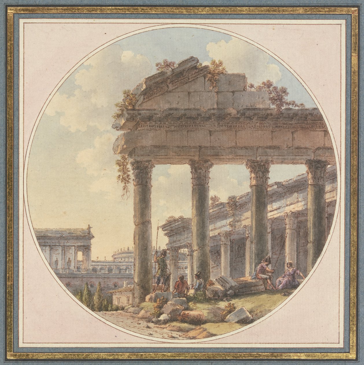 Architectural Capriccio: Temple Ruin and Figure Staffage by Victor Jean Nicolle