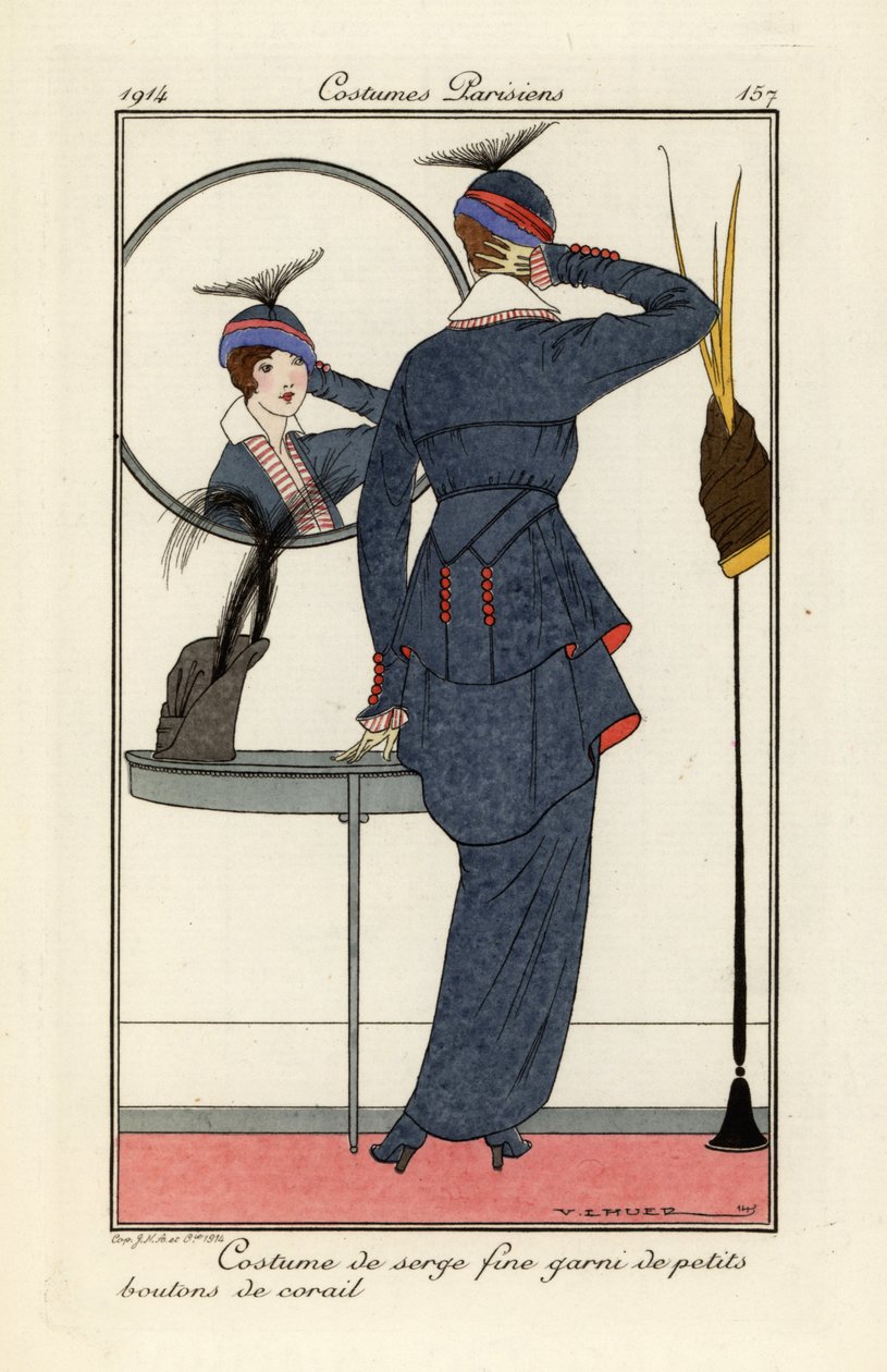 Woman in fine serge suit with coral buttons looking by Victor Lhuer