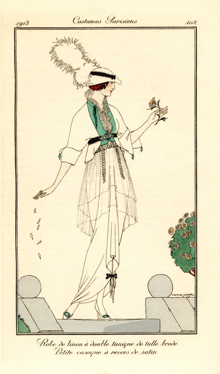 Woman in linen dress with double tunic in embroidered tulle, little casaque jacket lined with satin by Victor Lhuer