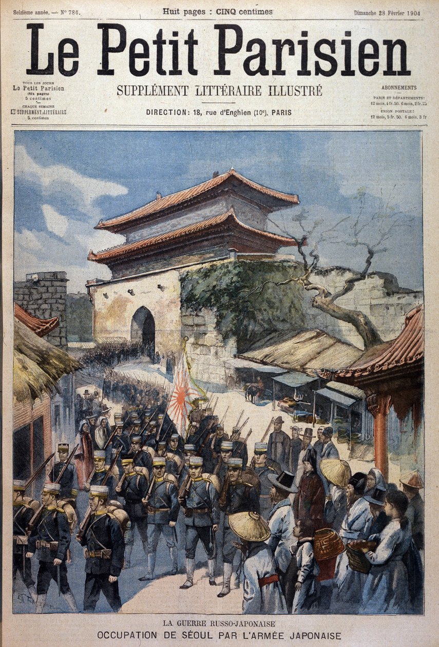 Japanese Army Occupies Seoul, Korea - Engraving from Le Petit Parisien, 28/02/1904 by Victor Mottez