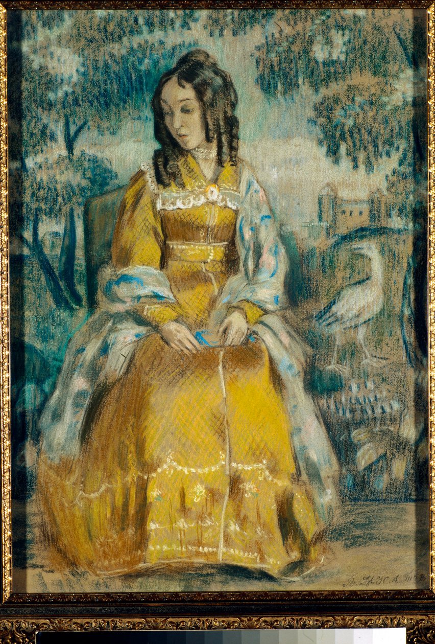 Portrait of Nadezhda Stanyukovich in Front of a Tapestry, Pensive, Wearing a Crinoline Dress by Viktor Elpidiforovich Borisov Musatov