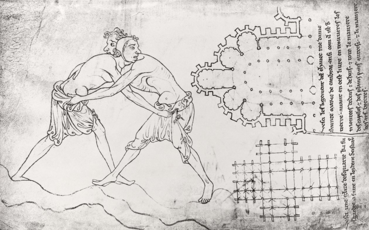 Two Wrestlers, Plan of a Cistercian Church and Plan of the Choir of Notre-Dame de Cambrai (facsimile copy) by Villard de Honnecourt