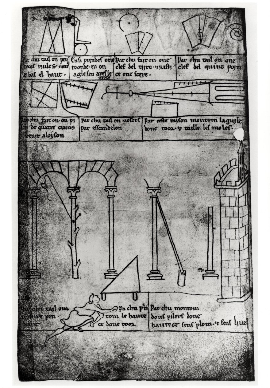 Geometrical Figures for Construction, Arches and Man Measuring the Height of a Tower by Villard de Honnecourt