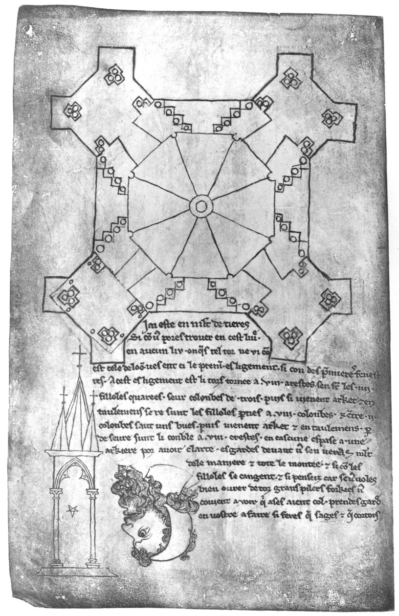 Facsimile Copy of a Plan of the Tower of Laon Cathedral, the Head of a Bearded Man and a Gothic Window by Villard de Honnecourt
