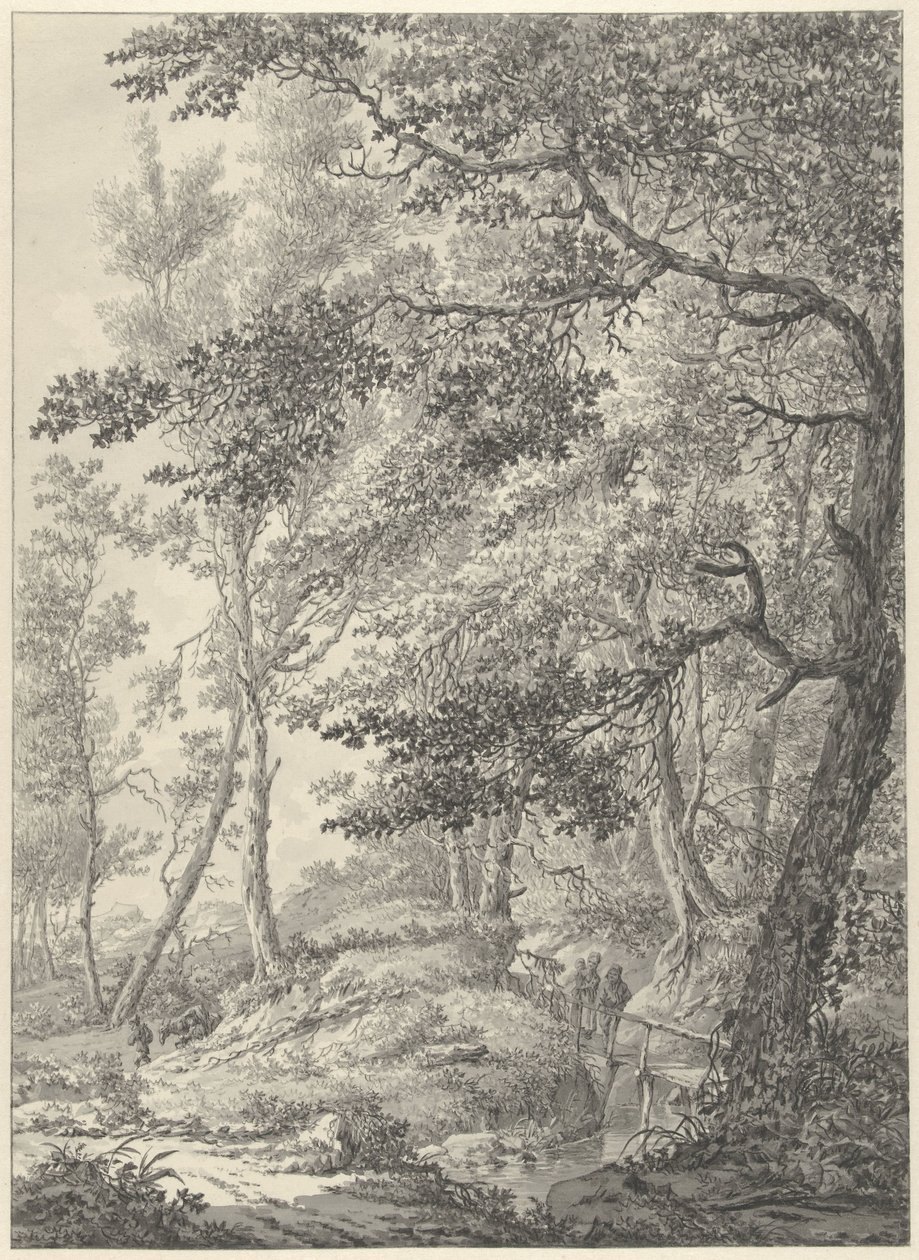 Forest Landscape with a Wooden Bridge and Two Walkers by Vincent Jansz. van der Vinne