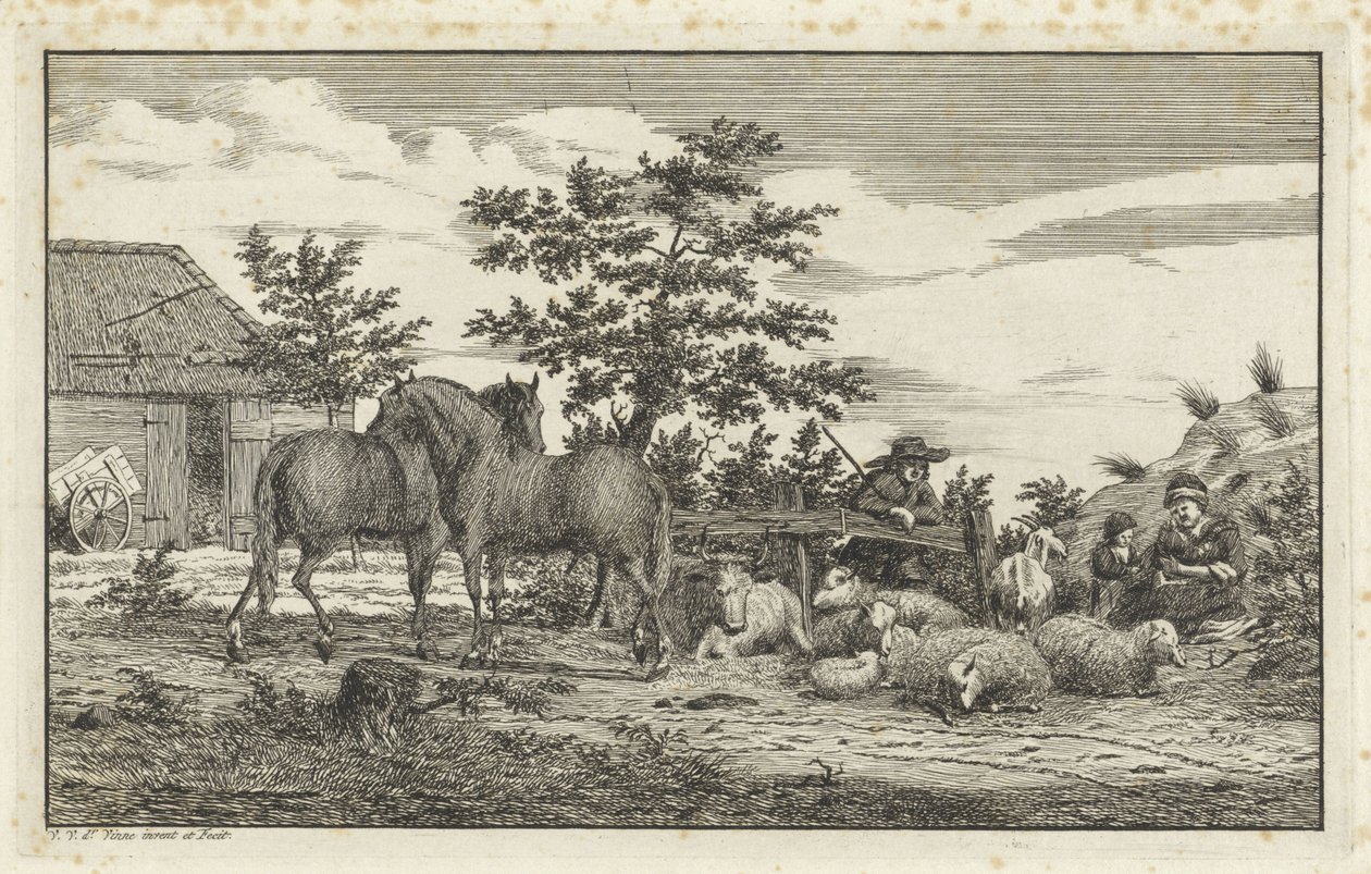 Shepherd with Seated Woman and Children by Sheep and Two Horses by Vincent Jansz. van der Vinne