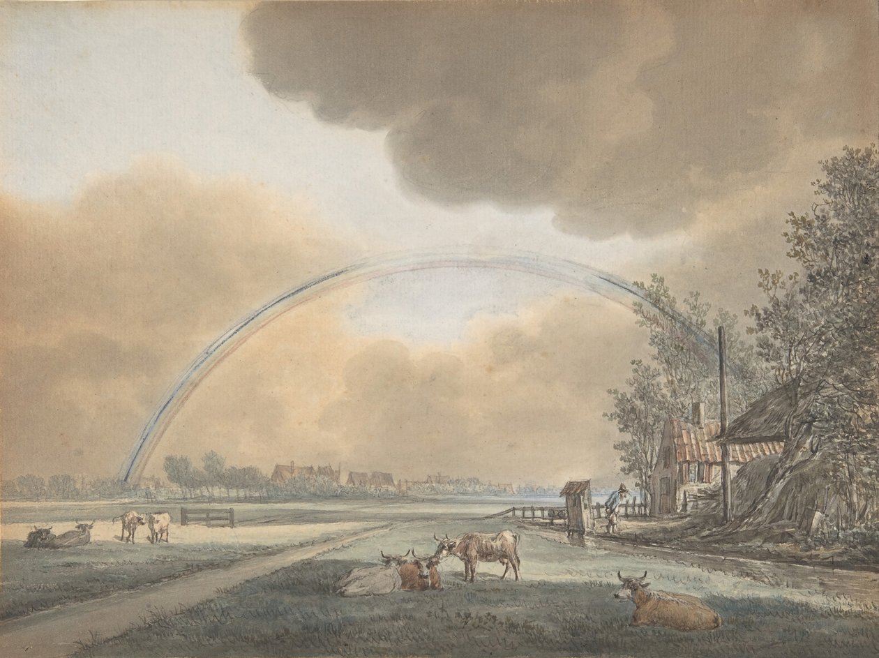 Landscape with a Rainbow over a Farmhouse and Distant Village by Vincent Jansz. van der Vinne