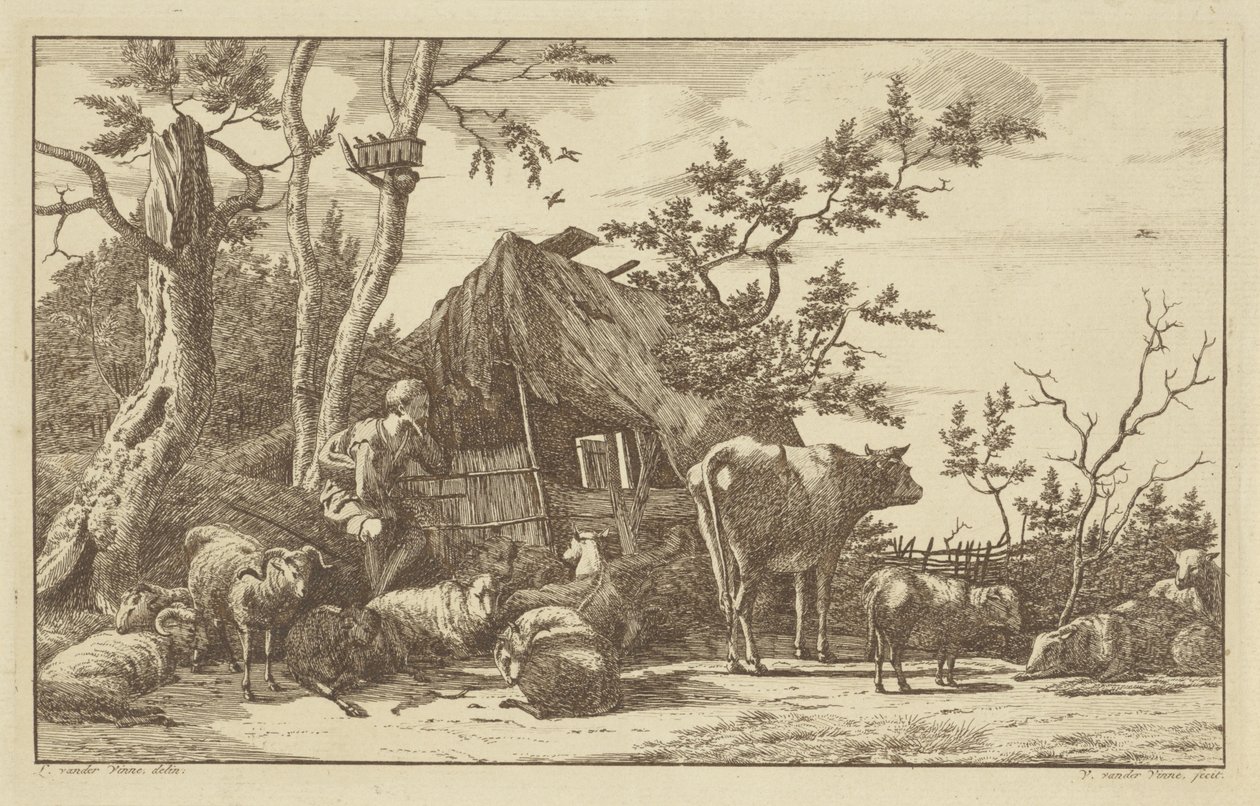 Seated Shepherd with Livestock in Front of a Dilapidated Barn by Vincent Jansz. van der Vinne