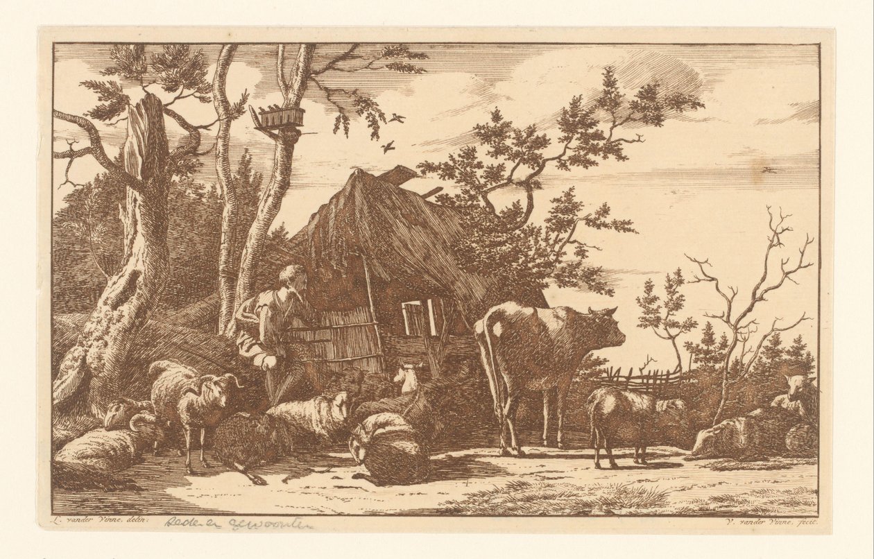 Seated Shepherd with Cattle in Front of a Dilapidated Barn by Vincent Jansz. van der Vinne