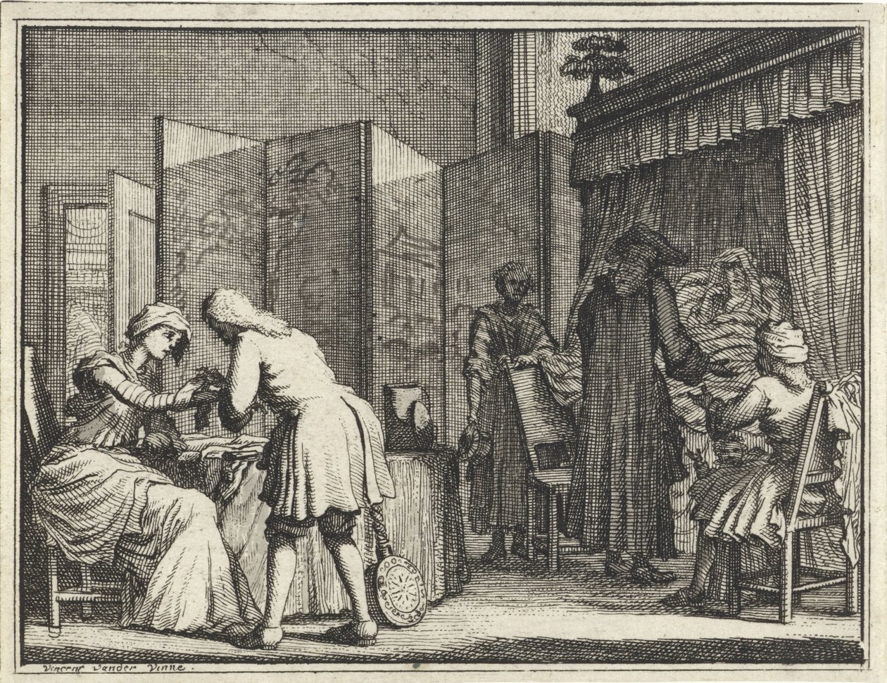 Figures Around a Sickbed and a Doctor Bandaging a Woman by Vincent Laurensz. van der Vinne (II)