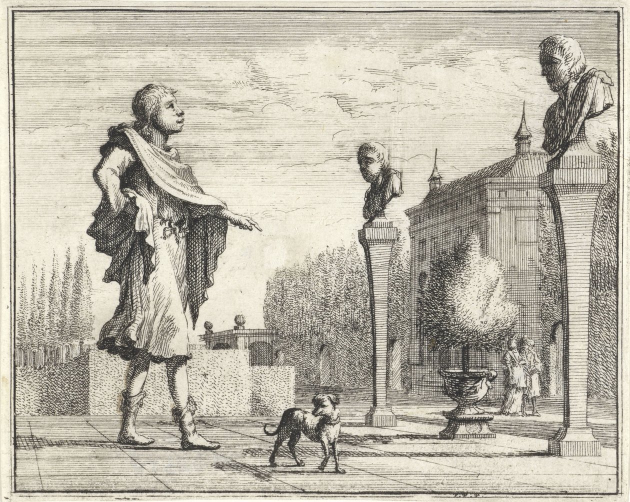 Man by Two Herms in Formal Garden by Vincent Laurensz. van der Vinne (II)